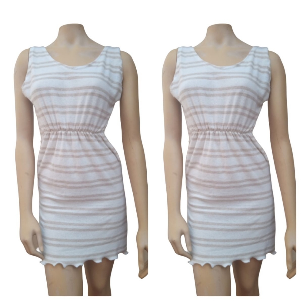 Tan white stripe terry cloth ultra stretchy mini dress